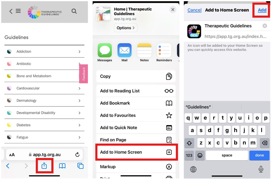 installing therapeutic guidelines app via web browser ios